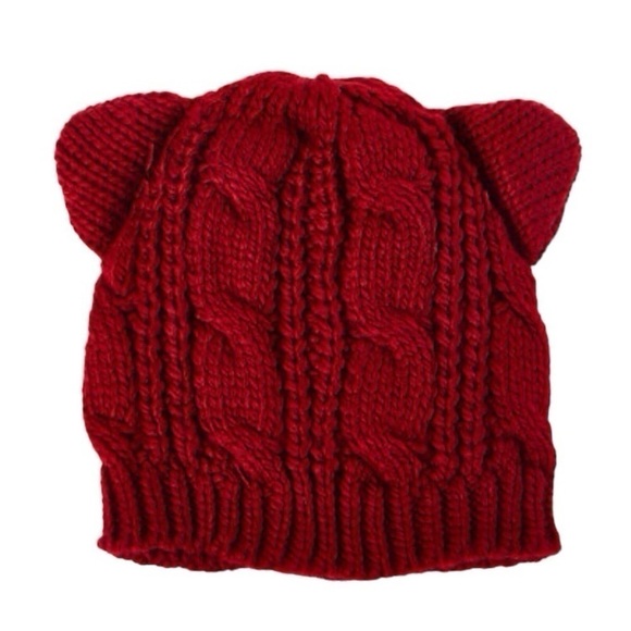 Accessories - Cat Ears Hand Knit Cable Wool Beanie Hats l Kitty Ear women’s Red Hat